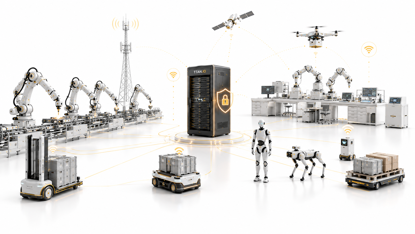 Connected industrial robotics ecosystem with production-line robot arms, laboratory robotics, drones, humanoid and quadruped robots, autonomous delivery vehicles, communications infrastructure and the TTAN.IO security control layer.